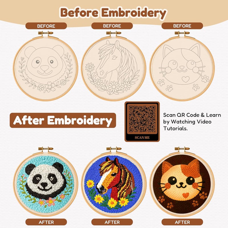 TEKWAVE Punch Needle Kit for Adults Beginners Cat Face Design, Step-by-Step Video Pre-Printed Pattern and Written Instructions, DIY Embroidery Set with Yarn, Fabric, Hoop for Home Decor Crafts - Image 4